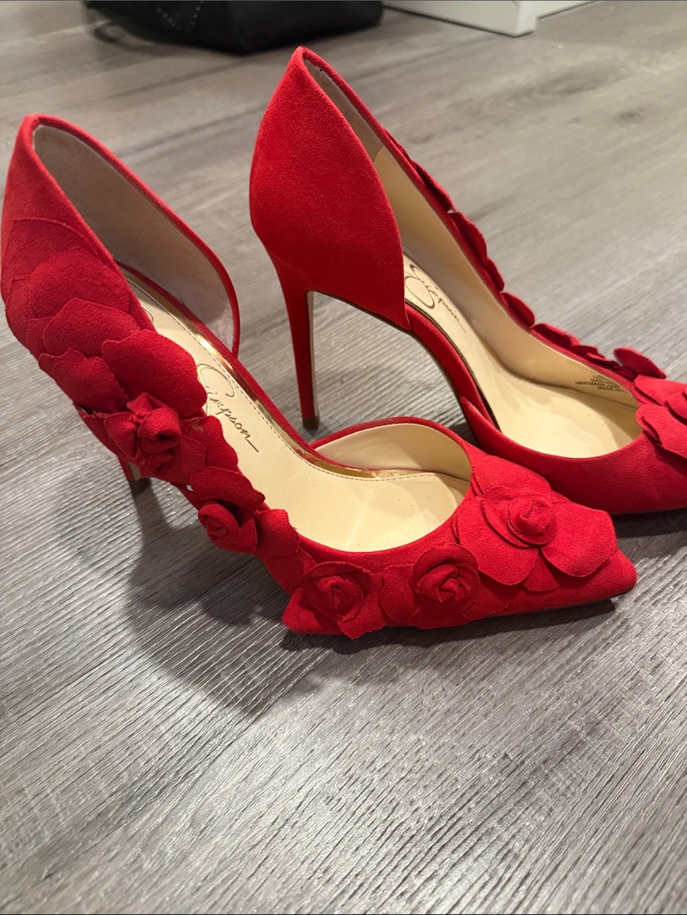 Jessica Simpson Red Floral Suede Pointed Pumps - Picture 2 of 6